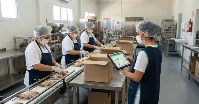 Operaria de una fábrica de alimentos controlando la producción desde una tablet con Odoo ERP
