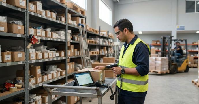 Encargado de depósito controlando el stock con un lector de código de barras en un almacén gestionado con Odoo ERP